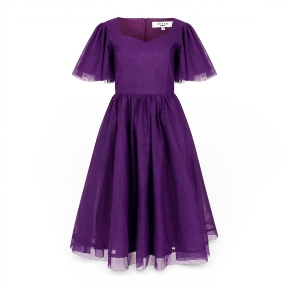 NWT JessaKae Nora Purple Midi Dress Sz XXL Sweetheart Flutter Sleeve Fit & Flare - Picture 2 of 16
